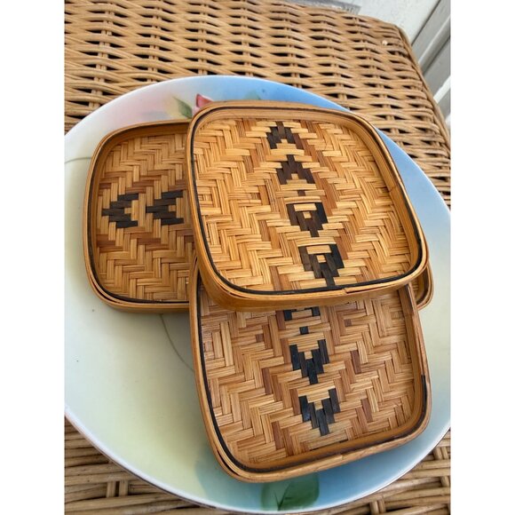 Vintage 70s Wicker Rattan Set of 5 coasters Barware Retro Boho - Picture 12 of 12